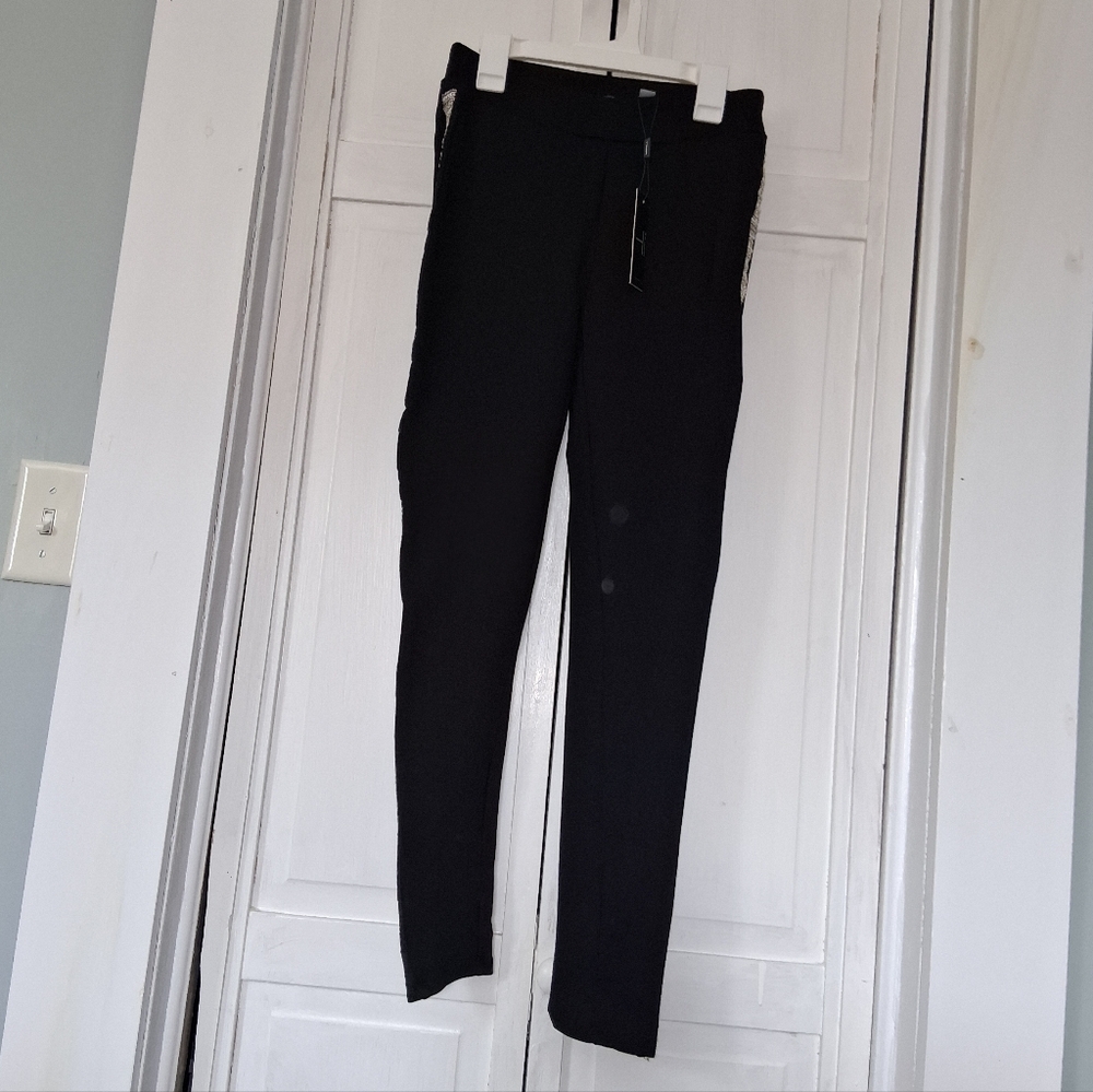 Tahari Black Skinny Women's Pants With Striped Beadwork Down Legs